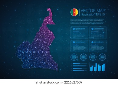 Plantilla de infografía cartográfica de Camerún para diagrama, gráfico, presentación y gráfico con concepto de malla geométrica abstracta de luz poligonal sobre fondo azul. EPS10 de ilustración vectorial.