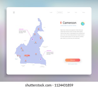 Cameroon map infographics vector template with cities, capital Yaoundé and pointer marks.