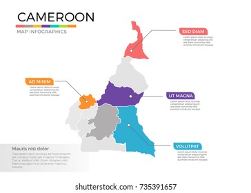 Cameroon map infographics vector template with regions and pointer marks