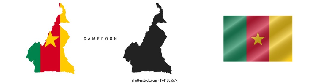 Cameroon. Map with masked flag. Detailed silhouette. Waving flag. Vector illustration isolated on white.