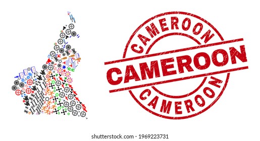 Cameroon map mosaic and scratched Cameroon red circle badge. Cameroon badge uses vector lines and arcs. Cameroon map mosaic includes gears, homes, showers, bugs, men, and more icons.