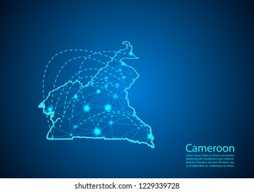 cameroon map with nodes linked by lines. concept of global communication and business. Dark cameroon map created from white dots with travel locations or internet connection.