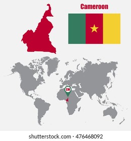 Cameroon map on a world map with flag and map pointer. Vector illustration