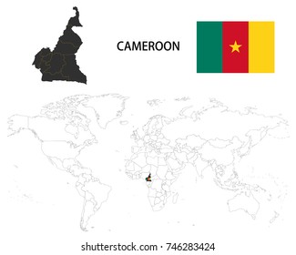 Cameroon map on a world map with flag on white background.