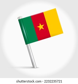 Cameroon map pin flag icon. Cameroonian pennant map marker on a metal needle. 3D realistic vector illustration.