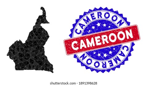 Cameroon map polygonal mesh with filled triangles, and unclean bicolor stamp seal. Triangle mosaic Cameroon map with mesh vector model, triangles have randomized sizes, and positions, and color hues.