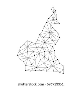 Cameroon map of polygonal mosaic lines network, rays and dots vector illustration.