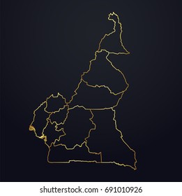 cameroon map. cameroon region map: golden gradient outline on dark background. Detailed map of cameroon regions. Vector illustration.