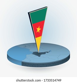 Cameroon map in round isometric style with triangular 3D flag of Cameroon, vector map in blue color. 