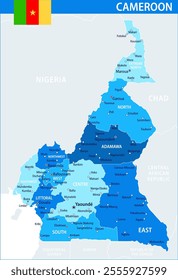 Cameroon Map Vector Blue Spot - Customizable layered political map of Cameroon with administrative divisions for website, education, reports, news, politics, print, poster and wallpaper