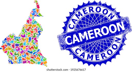 Imagen vectorial del mapa de Camerún. Mosaico de bolas y sello de la angustia para el mapa de Camerún. Cortante sello azul rosetón con texto para el mapa de Camerún.