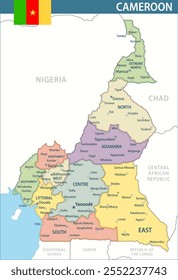 Cameroon Map Vector New 2024 Colorful - Anpassbare schichtweise politische Karte von Kamerun mit administrativen Abteilungen für Website, Bildung, Berichte, Nachrichten, Politik, Druck, Poster und Tapete