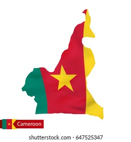 Cameroon map with waving flag of country. Vector illustration.