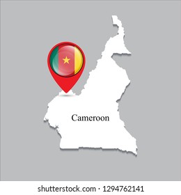 Cameroon map with white shadow and country name on the map. Check-in point with a national flag on a gray background.