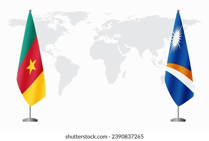 Cameroon and Marshall Islands flags for official meeting against background of world map.