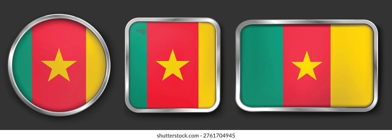 CAMEROON Metallic Flag Collection, Circular, Square and Rectangular CAMEROON Flag Badges Set