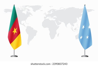 Camerún y Micronesia hacen banderas para una reunión oficial en el fondo del mapa mundial.
