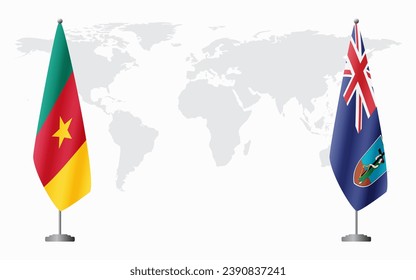 Cameroon and Montserrat flags for official meeting against background of world map.
