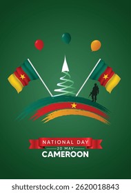 Cameroon National Day 20 May brush stroke flag balloons landmarks vector poster