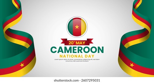 Cameroon national day banner background with realistic ribbon flag design with blank space area