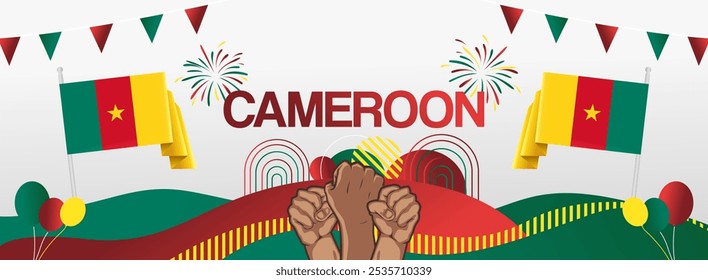 Cameroon national day festive banner. Vibrant modern design for holiday celebration, greeting card, billboard, sport event backdrops. May 20th. Happy Cameroon Unitary State Day