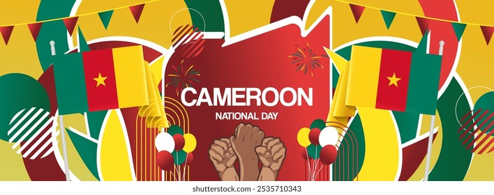 Cameroon national day festive banner. Vibrant modern design for holiday celebration, greeting card, billboard, sport event backdrops. May 20th. Happy Cameroon Unitary State Day
