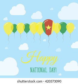 Cameroon National Day Flat Patriotic Poster. Row of Balloons in Colors of the Cameroonian flag. Happy National Day Cameroon Card with Flags, Balloons, Clouds and Sky.