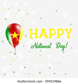 Cameroon National Day patriotic poster. Flying Rubber Balloon in Colors of the Cameroonian Flag. Cameroon National Day background with Balloon, Confetti, Stars, Bokeh and Sparkles.