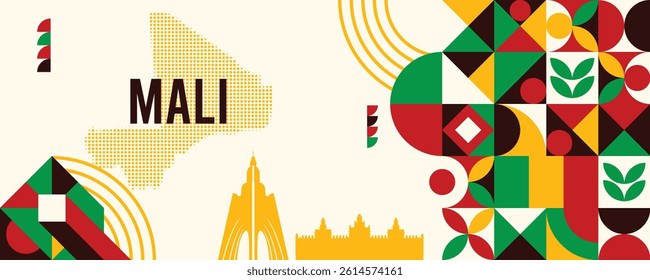 Cameroon national vector banner featuring the flag, dotted map, landmarks, and geometric pattern design