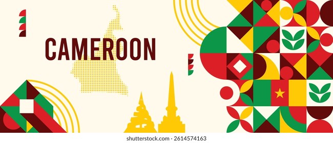 Cameroon national vector banner featuring the flag, dotted map, landmarks, and geometric pattern design
