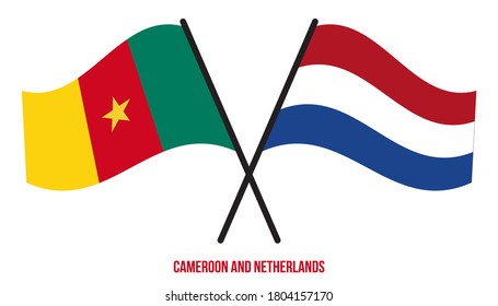 Cameroon and Netherlands Flags Crossed And Waving Flat Style. Official Proportion. Correct Colors.