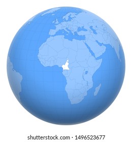 Cameroon on the globe. Earth centered at the location of the Republic of Cameroon. Map of Cameroon. Includes layer with capital cities.