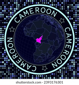 Cameroon on globe vector. Futuristic satellite view of the world centered to Cameroon. Geographical illustration with shape of country and squares background. Bright neon colors on dark background.