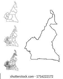 El Camerún esboza un mapa vectorial con fronteras administrativas, regiones, municipios y departamentos en blanco negro