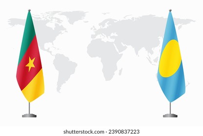 Cameroon and Palau flags for official meeting against background of world map.