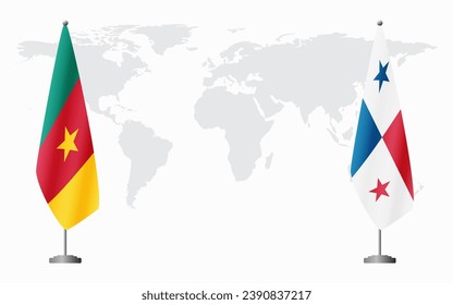 Cameroon and Panama flags for official meeting against background of world map.