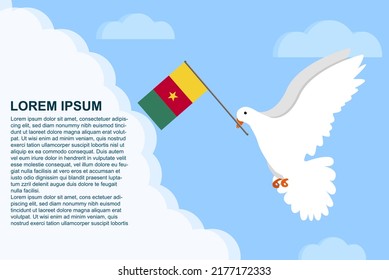 Cameroon peace concept with text area, Dove of Peace bird with Cameroon flag in its beak, dove flying in the clouds, vector illustration design, Cameroon peace day template, freedom idea