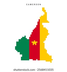 Cameroon pixel flag map icon. 8 bit pixel art Cameroonian map covered with flag. Flat vector illustration isolated on white background.