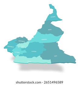 Mapa político de Camarões das divisões administrativas - regiões. Mapa de vetor turquesa 3D com rótulos de nome.