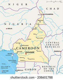 Cameroon Political Map with capital Yaounde, national borders, most important cities, rivers and lakes. Vector illustration with English labeling and scaling.