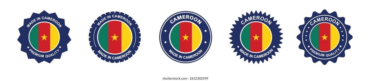 Cameroon product label set. Cameroon flag, premium made in Cameroon. Labels, seals, stamps, flags, icons