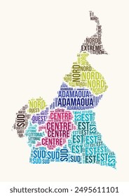 Cameroon regions word cloud. Country logo design. Regions typography style vector image. Cameroon colored text cloud. Creative vector illustration.