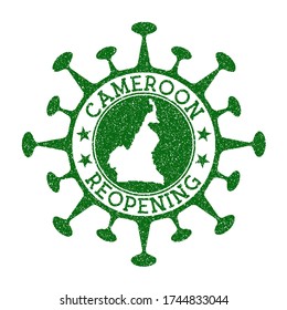 Cameroon Reopening Stamp. Green round badge of country with map of Cameroon. Country opening after lockdown. Vector illustration.