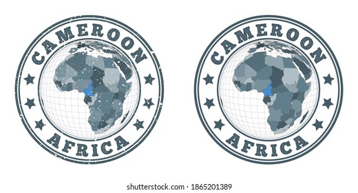 Logo de la ronda de Camerún. Bandas circulares de un país con un mapa de Camerún en contexto mundial. Sellos de país simples y texturados. Ilustración vectorial.