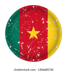 Cameroon - round metallic scratched flag with six screw holes in front of a white background