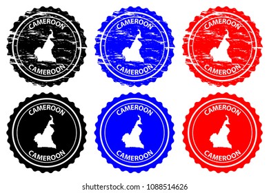 Cameroon - rubber stamp - vector, Cameroon map pattern - sticker - black, blue and red