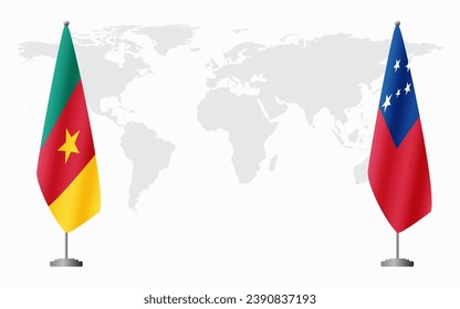 Cameroon and Samoa flags for official meeting against background of world map.