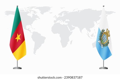 Cameroon and San Marino flags for official meeting against background of world map.