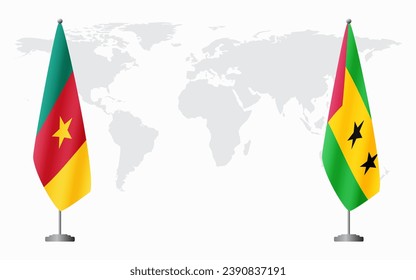Cameroon and Sao Tome and Principe flags for official meeting against background of world map.