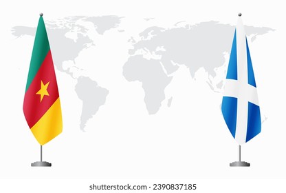 Cameroon and Scotland flags for official meeting against background of world map.